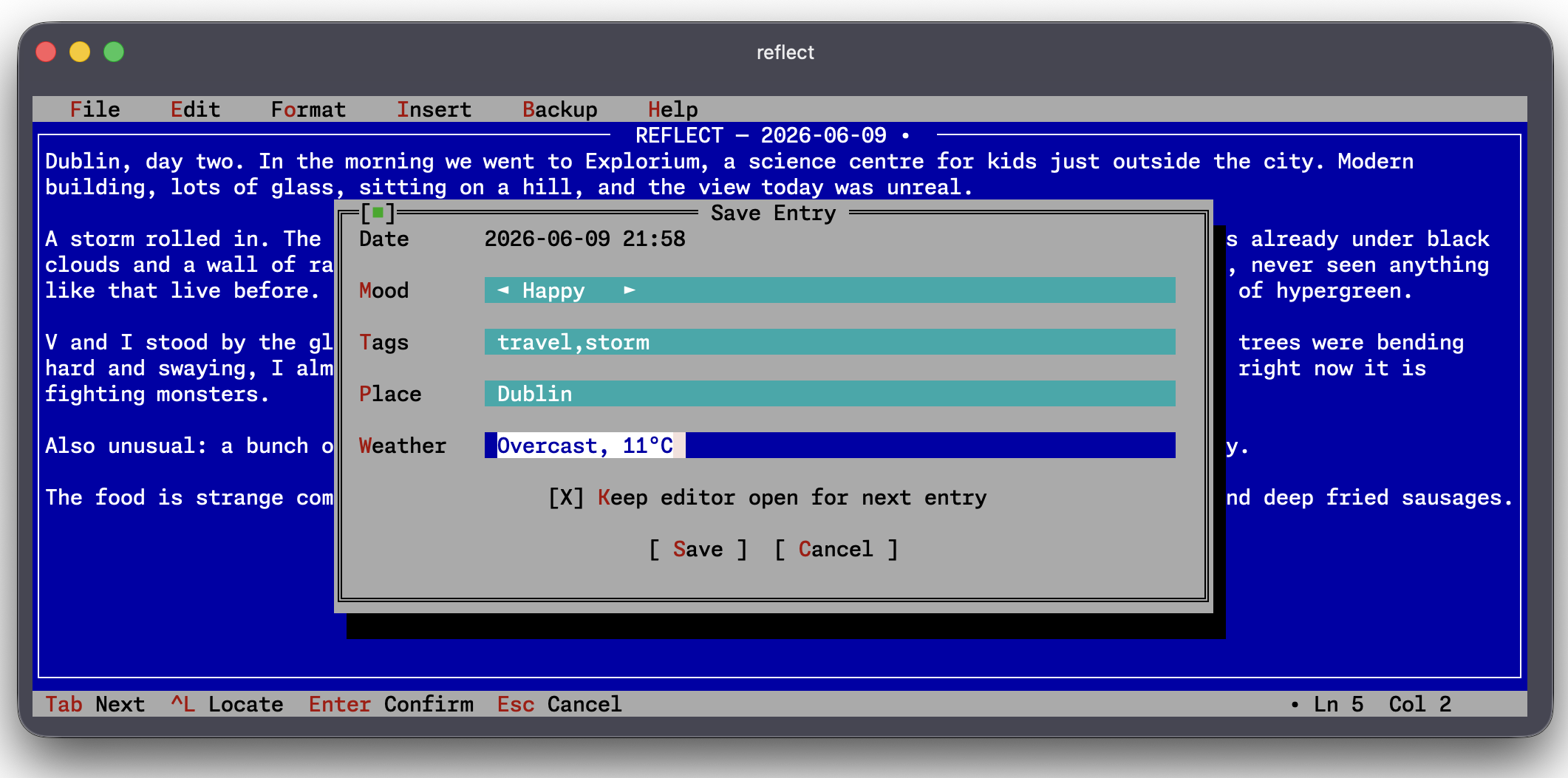 The Reflect Day terminal client in its retro DOS theme, saving an entry
