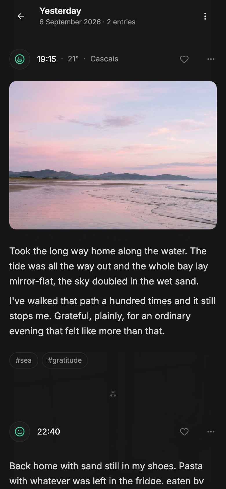 A day in Reflect Day with two entries: a photo with its text and tags, and a few lines written later on a phone